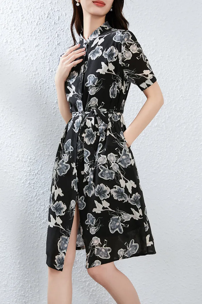 Silk Floral Shirt Dress with Mandarin Collar and Belted Waist