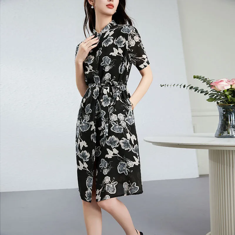 Silk Floral Shirt Dress with Mandarin Collar and Belted Waist