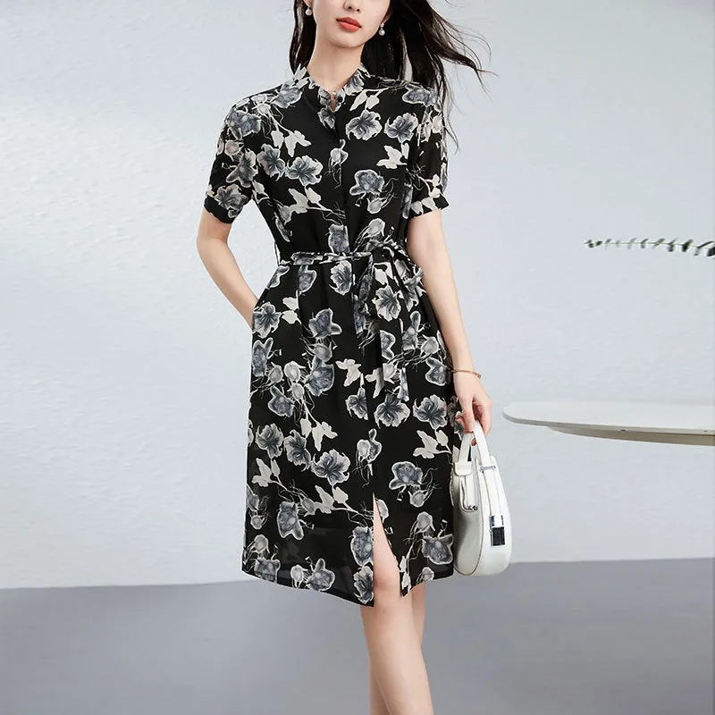 Silk Floral Shirt Dress with Mandarin Collar and Belted Waist
