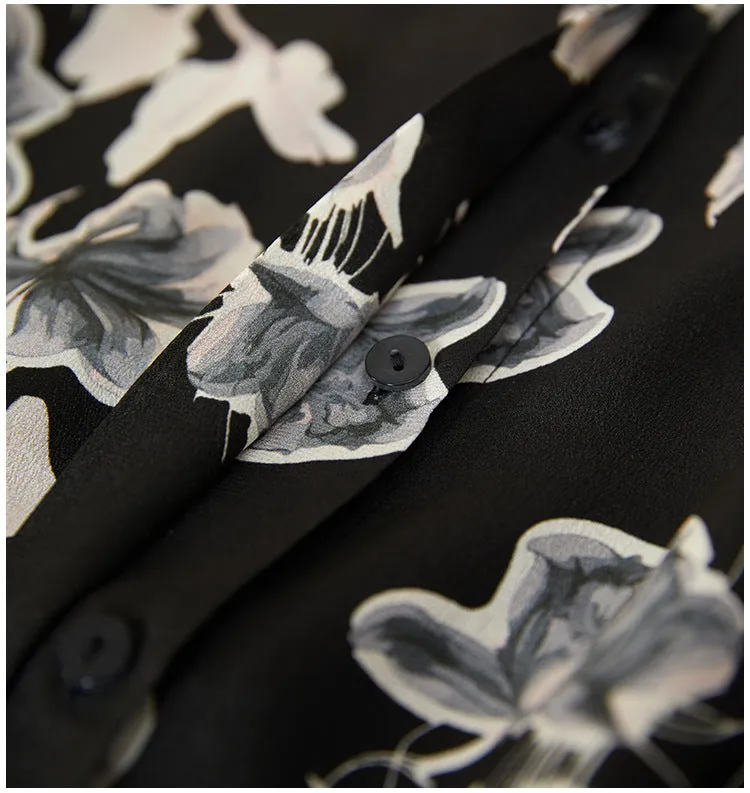 Silk Floral Shirt Dress with Mandarin Collar and Belted Waist