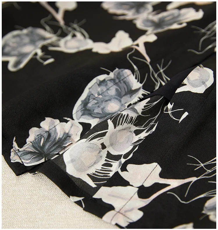 Silk Floral Shirt Dress with Mandarin Collar and Belted Waist