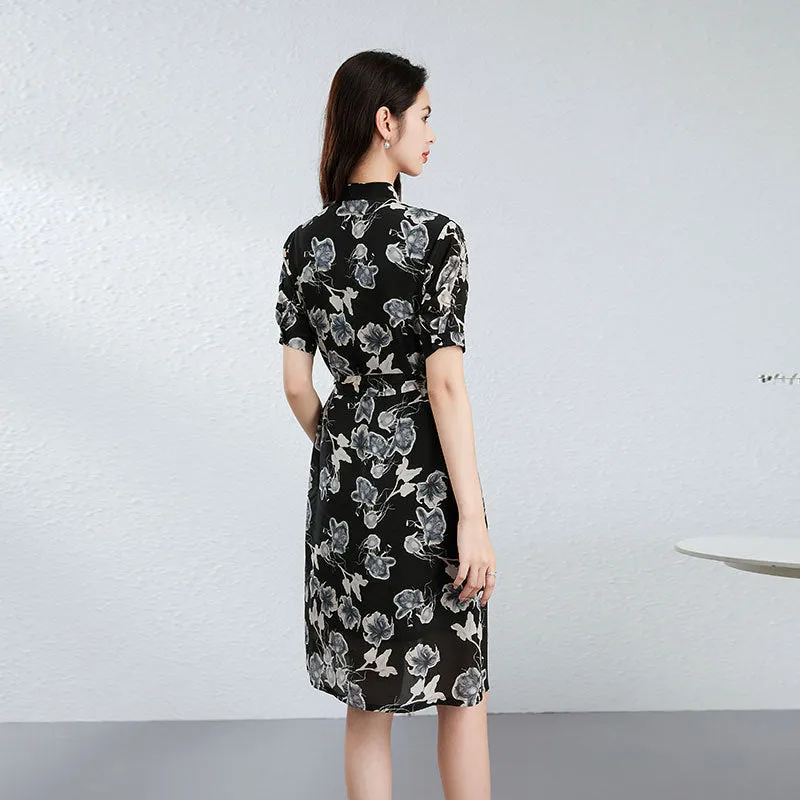 Silk Floral Shirt Dress with Mandarin Collar and Belted Waist