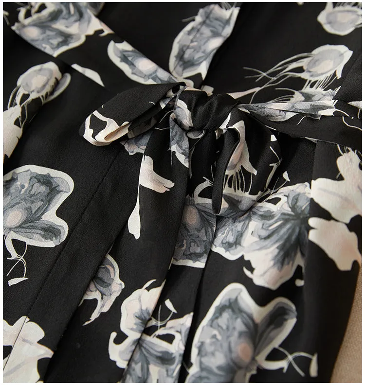 Silk Floral Shirt Dress with Mandarin Collar and Belted Waist