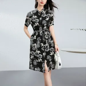 Silk Floral Shirt Dress with Mandarin Collar and Belted Waist