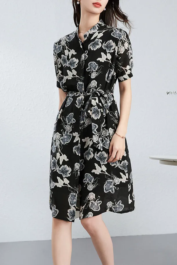 Silk Floral Shirt Dress with Mandarin Collar and Belted Waist