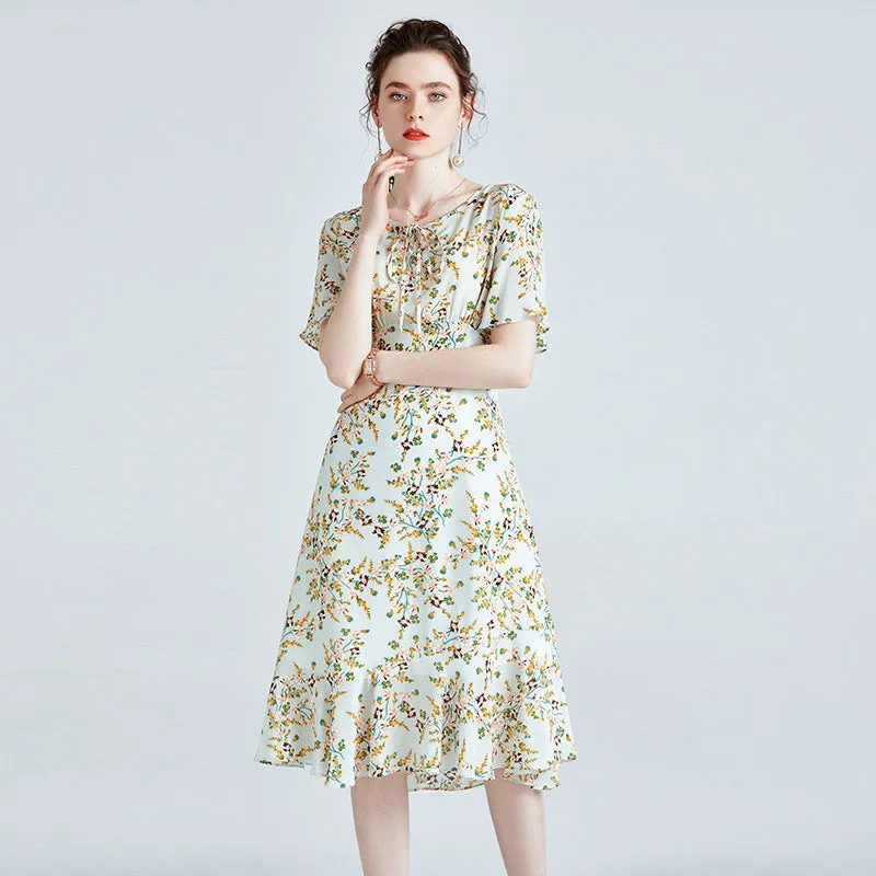 Silk High-end Printed Dress Short-sleeved French Waist Slim Mid-length Dress