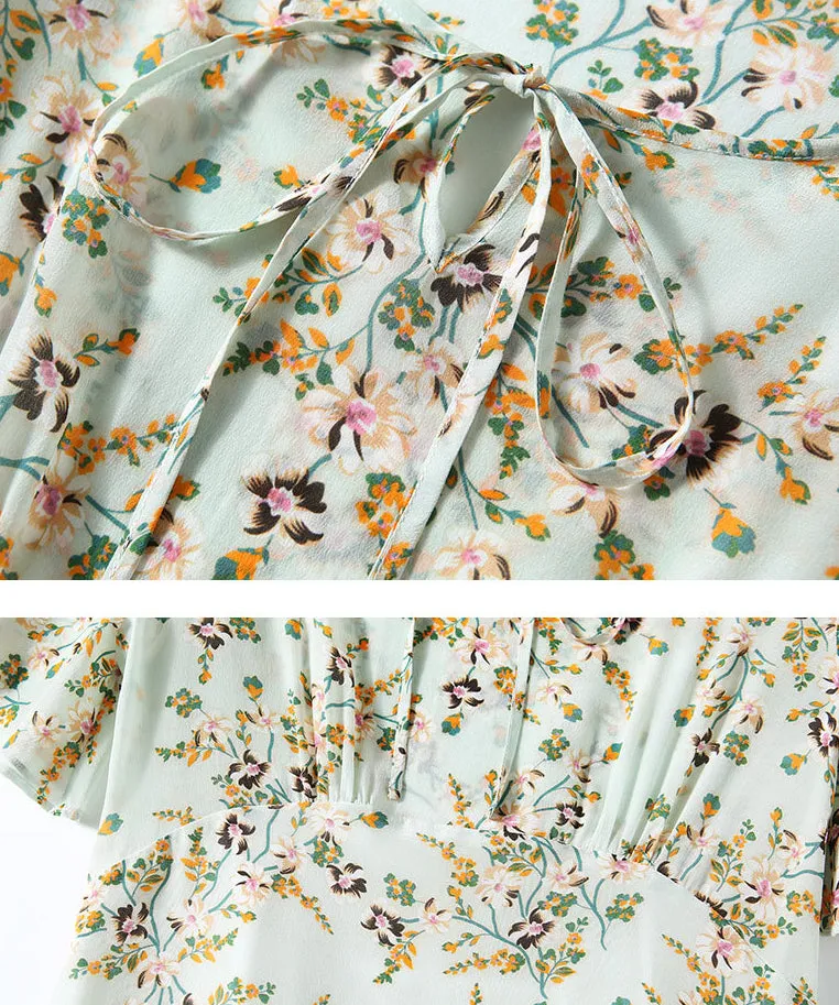 Silk High-end Printed Dress Short-sleeved French Waist Slim Mid-length Dress