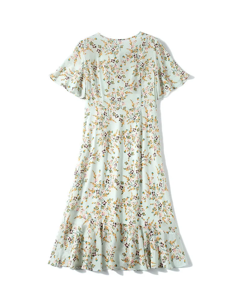 Silk High-end Printed Dress Short-sleeved French Waist Slim Mid-length Dress
