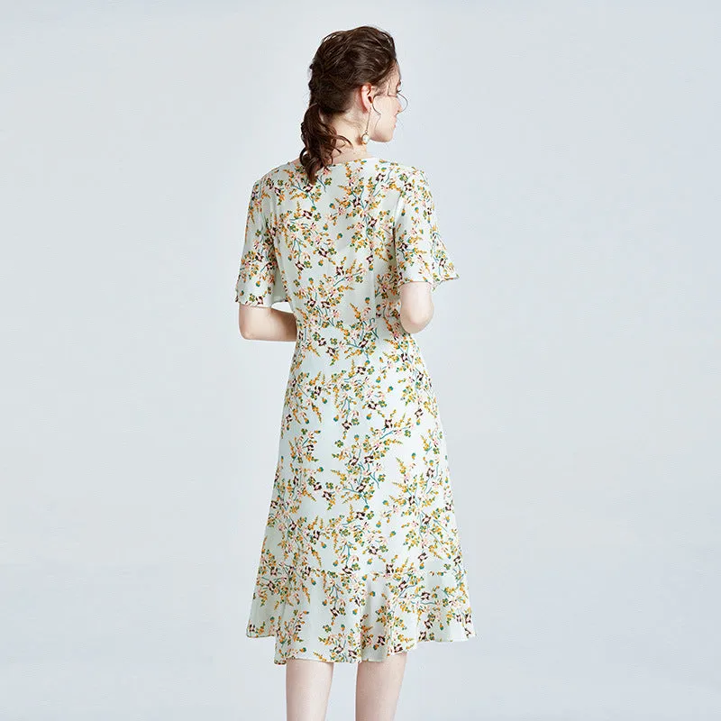 Silk High-end Printed Dress Short-sleeved French Waist Slim Mid-length Dress