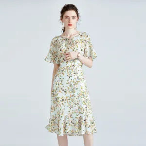 Silk High-end Printed Dress Short-sleeved French Waist Slim Mid-length Dress