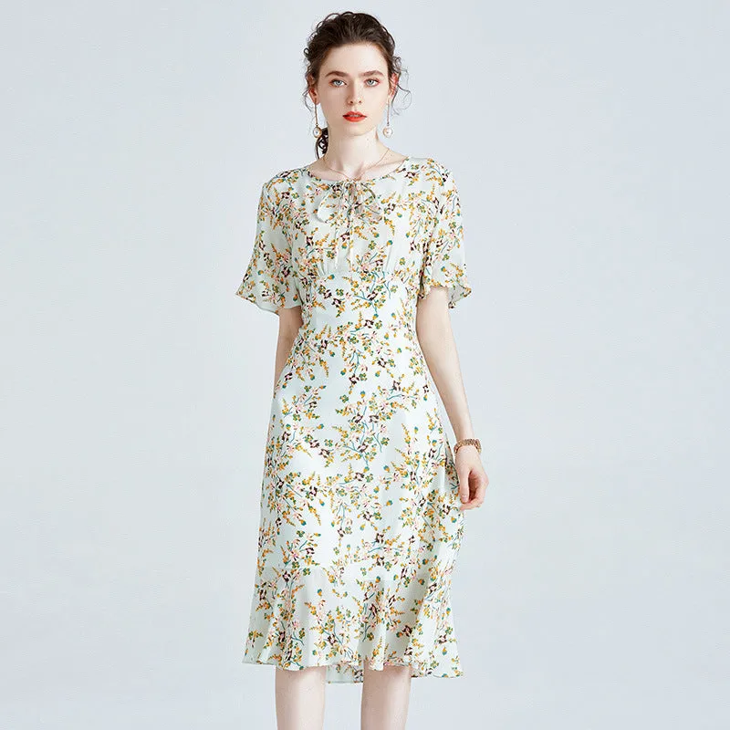 Silk High-end Printed Dress Short-sleeved French Waist Slim Mid-length Dress