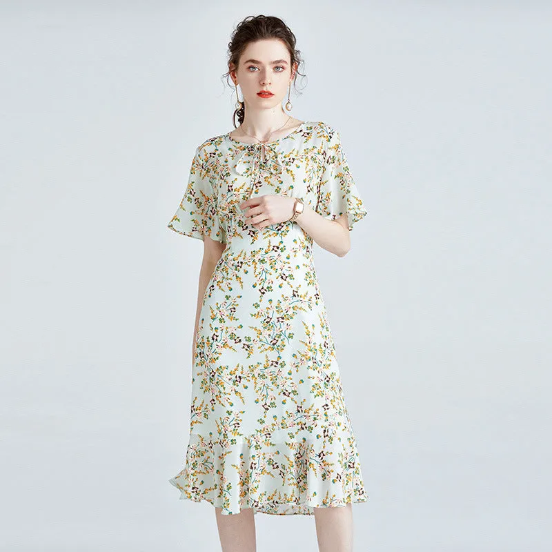 Silk High-end Printed Dress Short-sleeved French Waist Slim Mid-length Dress