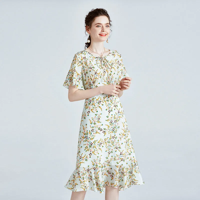 Silk High-end Printed Dress Short-sleeved French Waist Slim Mid-length Dress