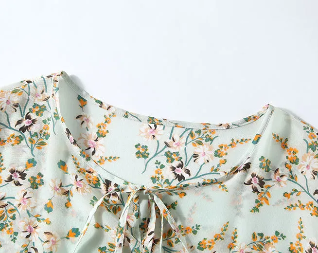 Silk High-end Printed Dress Short-sleeved French Waist Slim Mid-length Dress