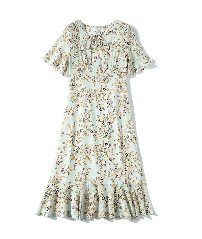Silk High-end Printed Dress Short-sleeved French Waist Slim Mid-length Dress