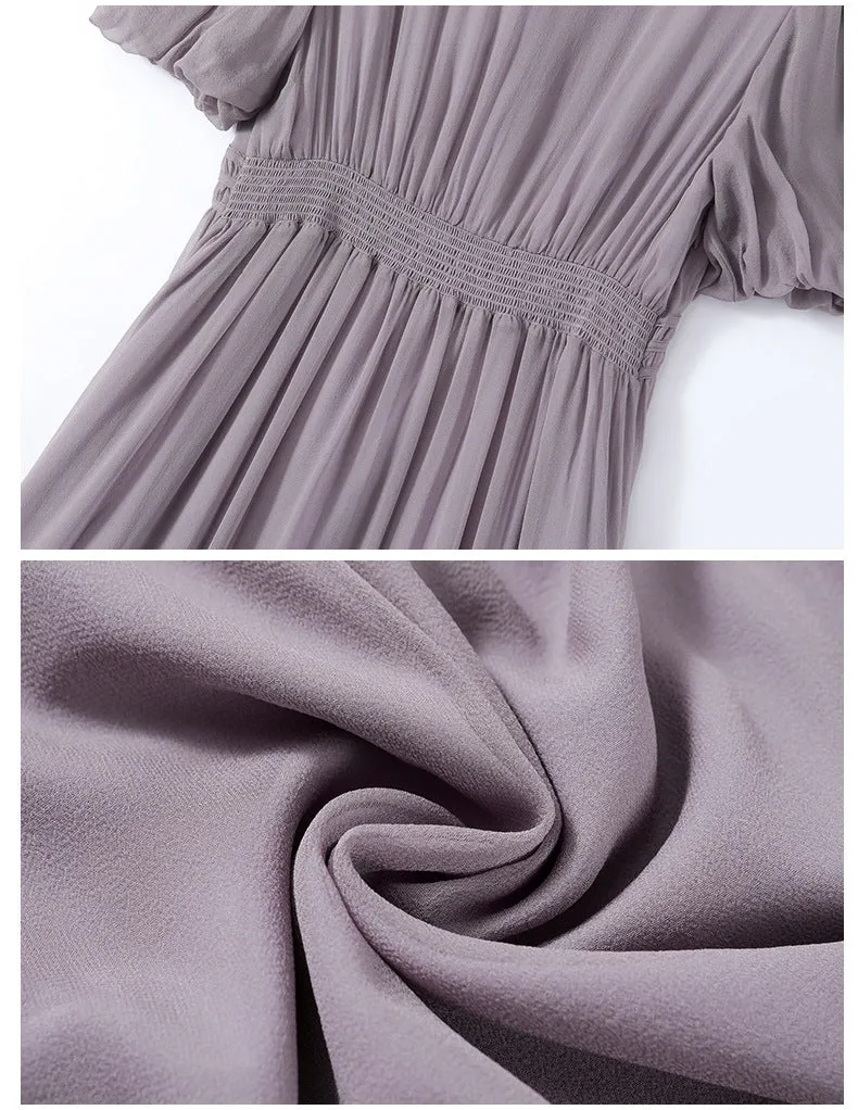Silk Midi Dress with Lace Hem and Puff Sleeves