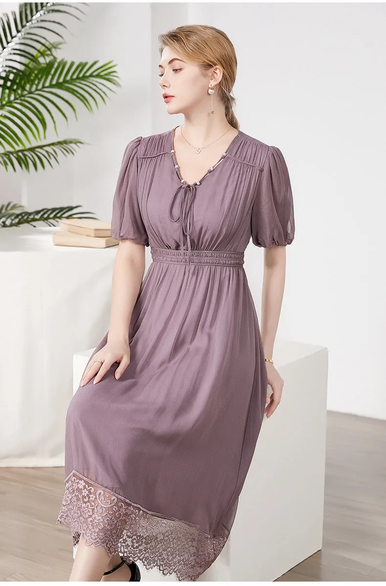 Silk Midi Dress with Lace Hem and Puff Sleeves