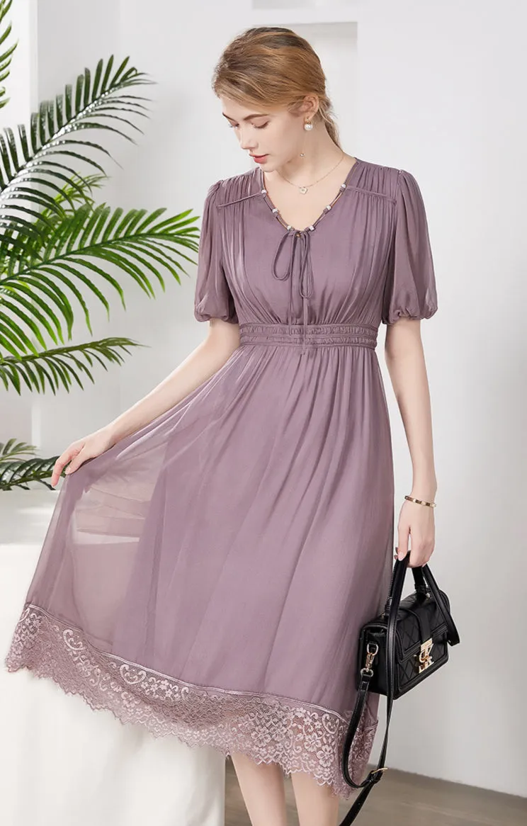 Silk Midi Dress with Lace Hem and Puff Sleeves
