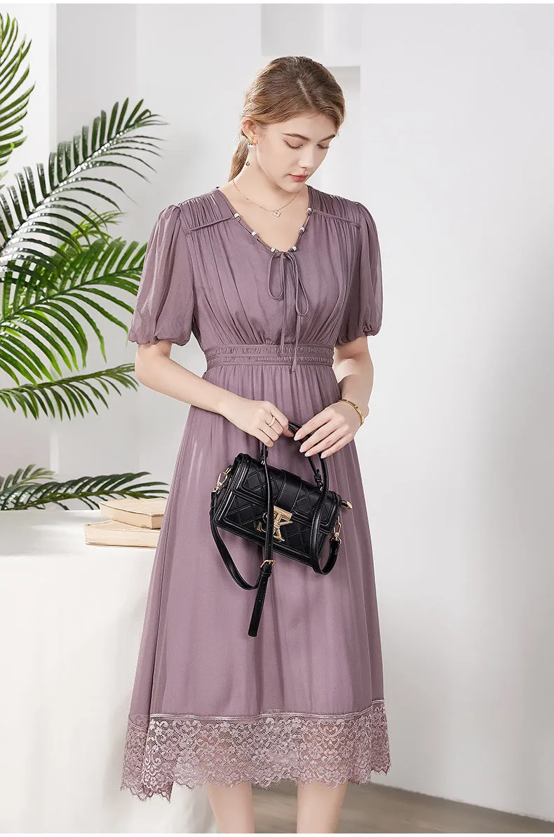 Silk Midi Dress with Lace Hem and Puff Sleeves
