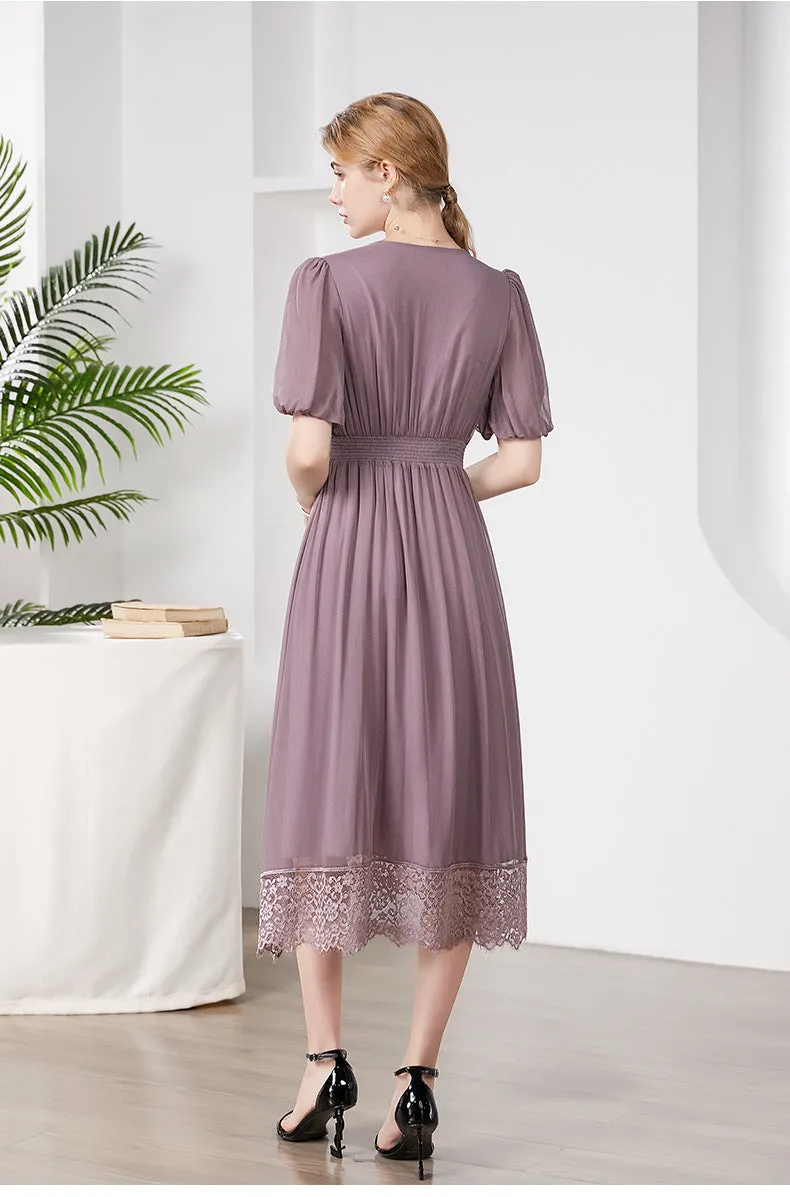 Silk Midi Dress with Lace Hem and Puff Sleeves