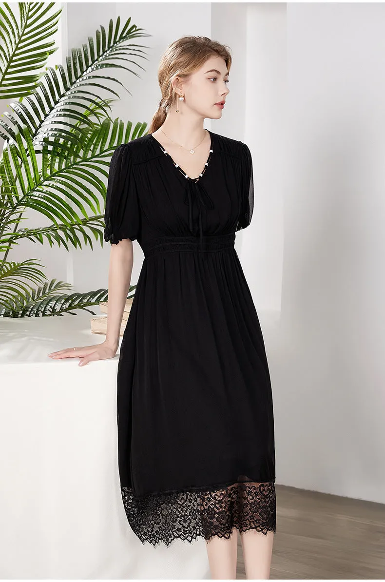 Silk Midi Dress with Lace Hem and Puff Sleeves