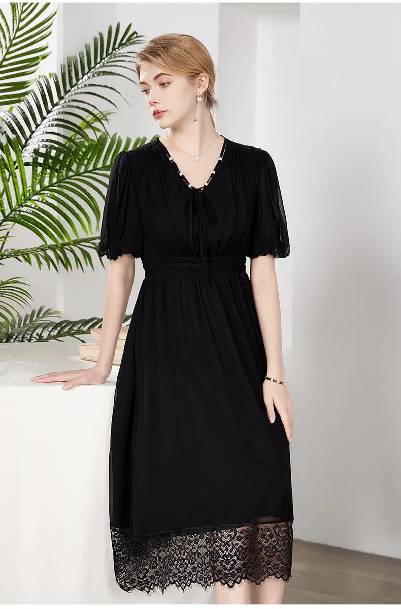 Silk Midi Dress with Lace Hem and Puff Sleeves