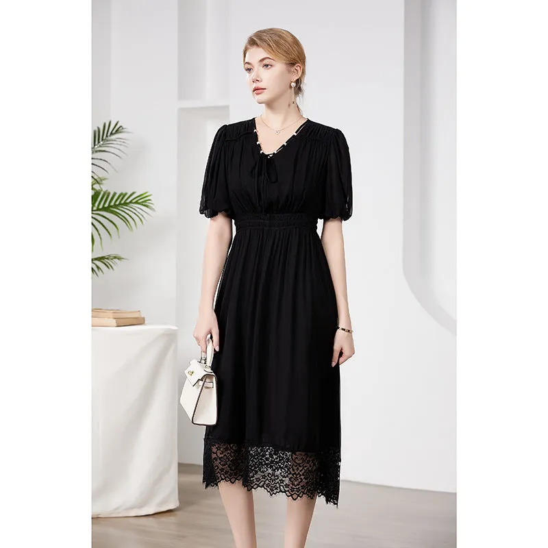 Silk Midi Dress with Lace Hem and Puff Sleeves