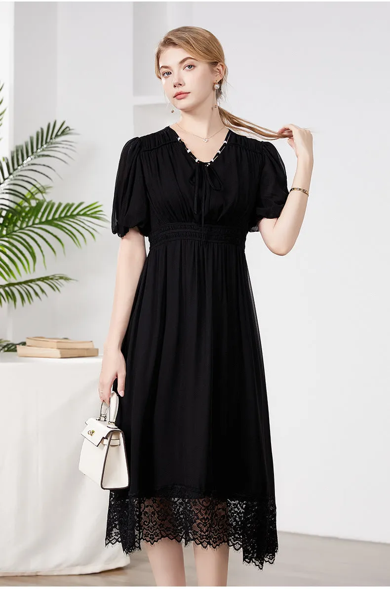 Silk Midi Dress with Lace Hem and Puff Sleeves