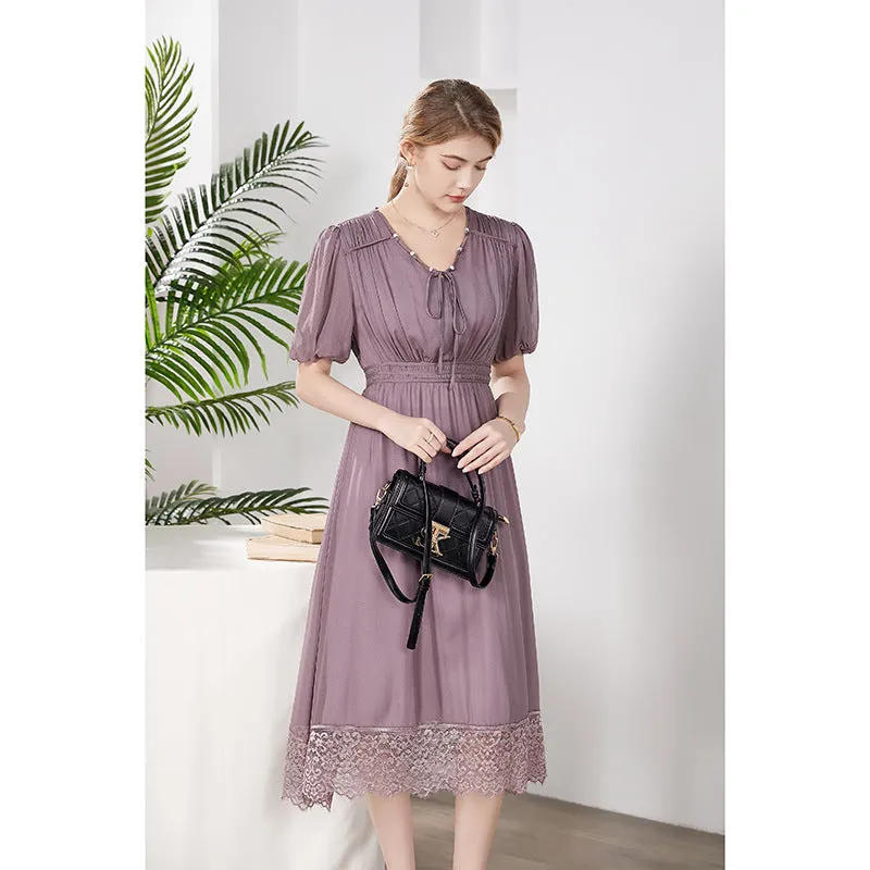Silk Midi Dress with Lace Hem and Puff Sleeves