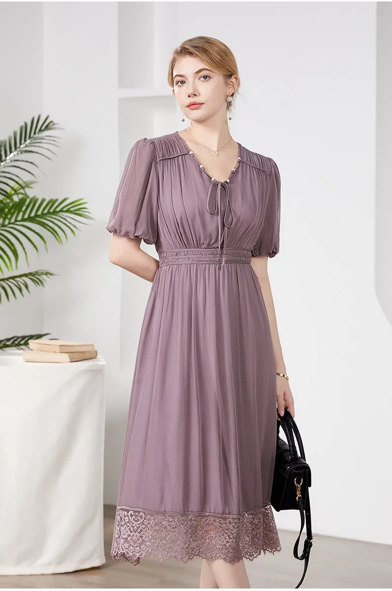 Silk Midi Dress with Lace Hem and Puff Sleeves