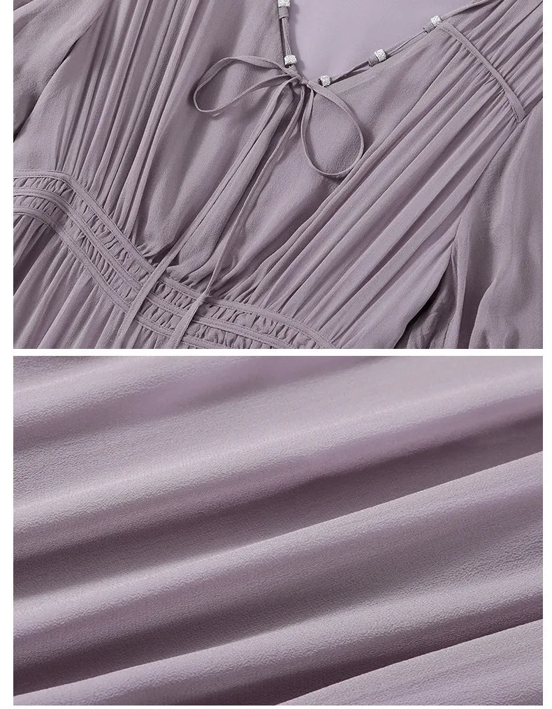 Silk Midi Dress with Lace Hem and Puff Sleeves