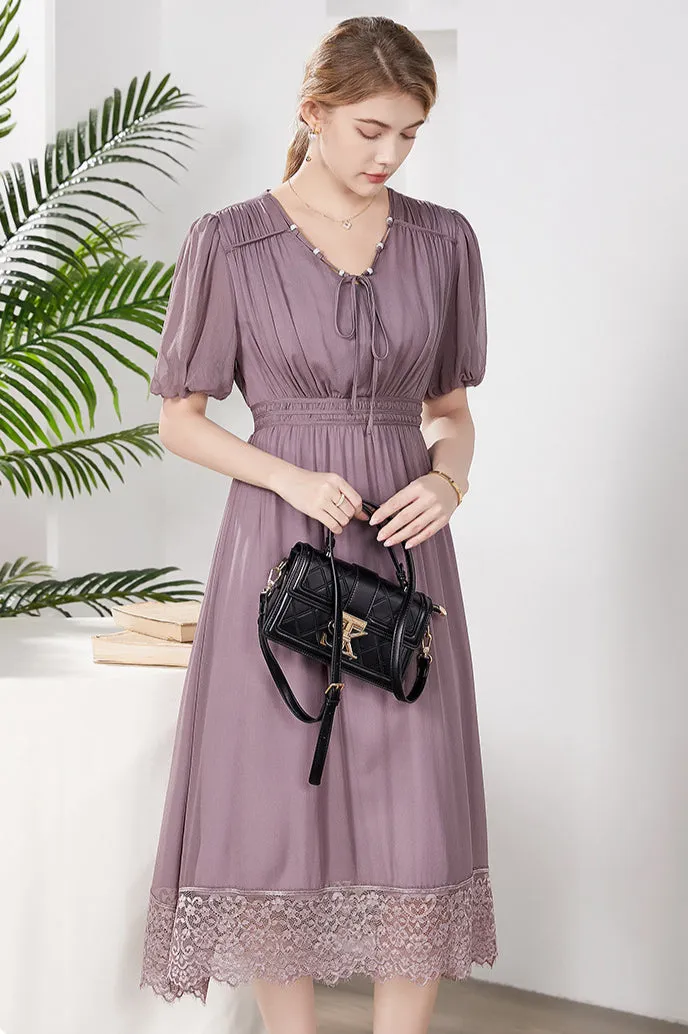 Silk Midi Dress with Lace Hem and Puff Sleeves