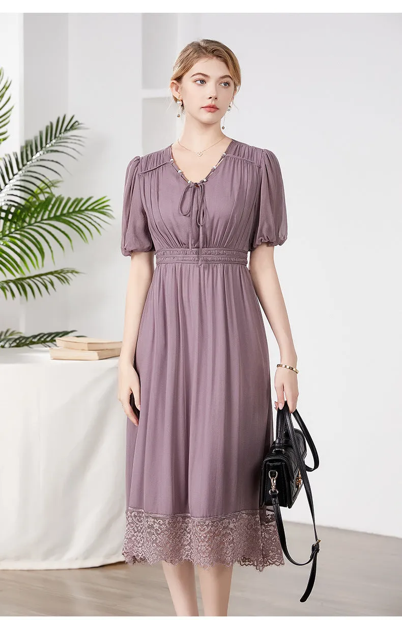 Silk Midi Dress with Lace Hem and Puff Sleeves