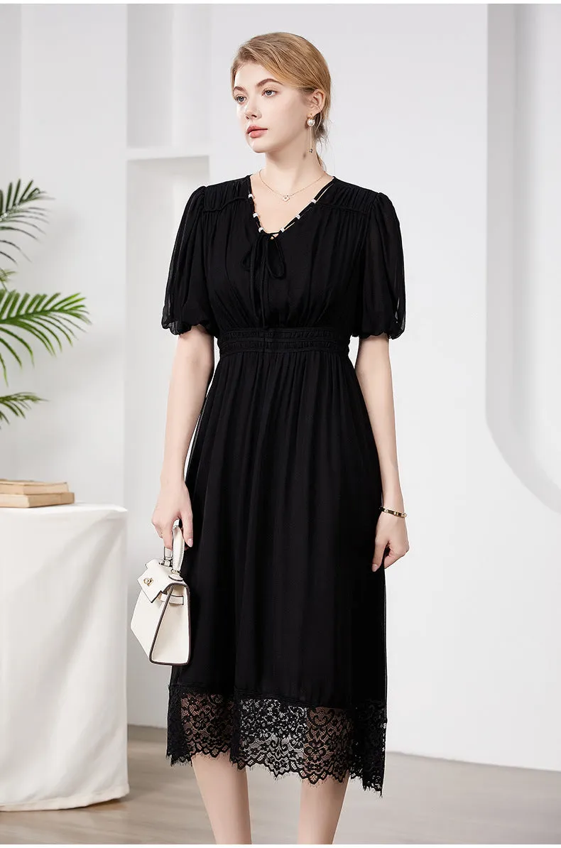Silk Midi Dress with Lace Hem and Puff Sleeves