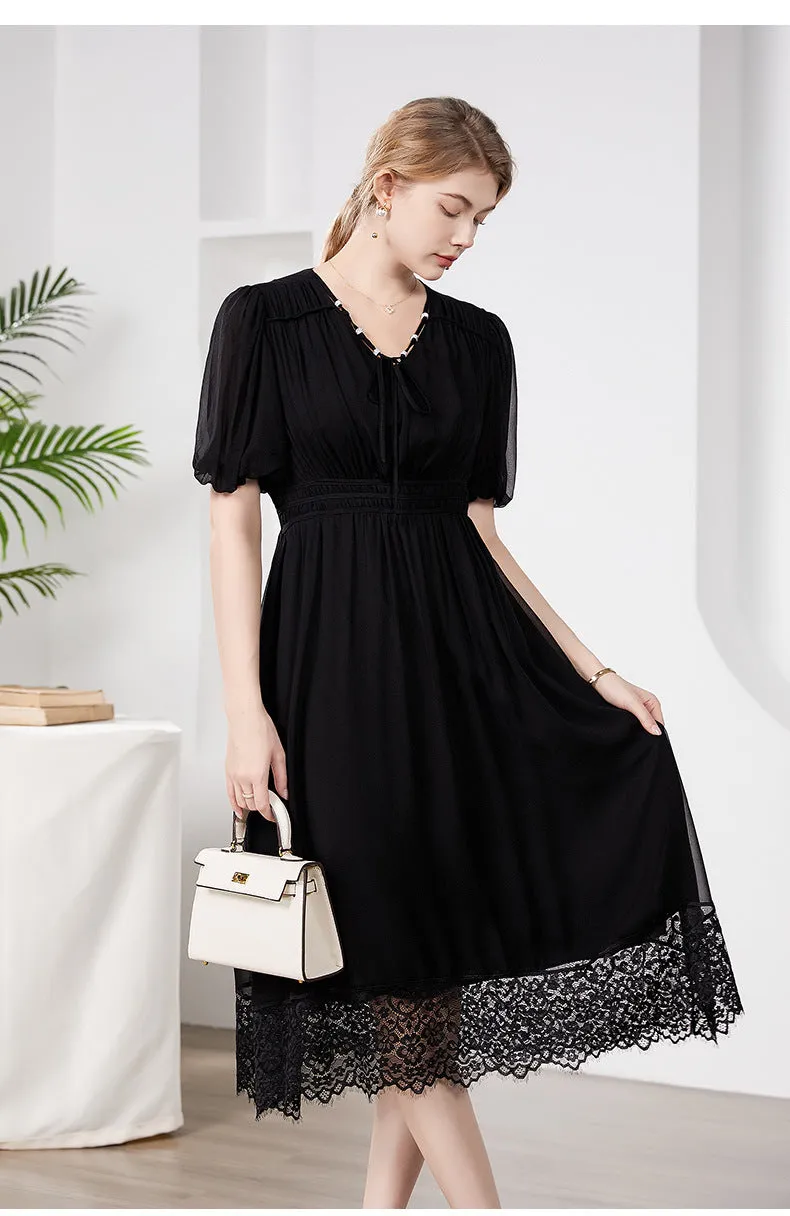 Silk Midi Dress with Lace Hem and Puff Sleeves
