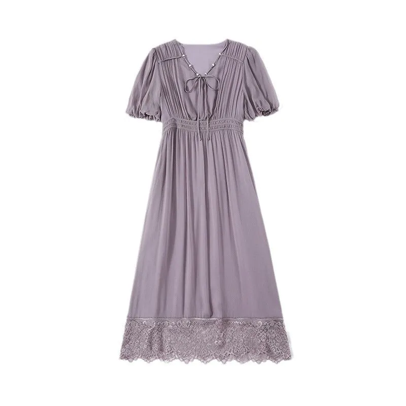 Silk Midi Dress with Lace Hem and Puff Sleeves