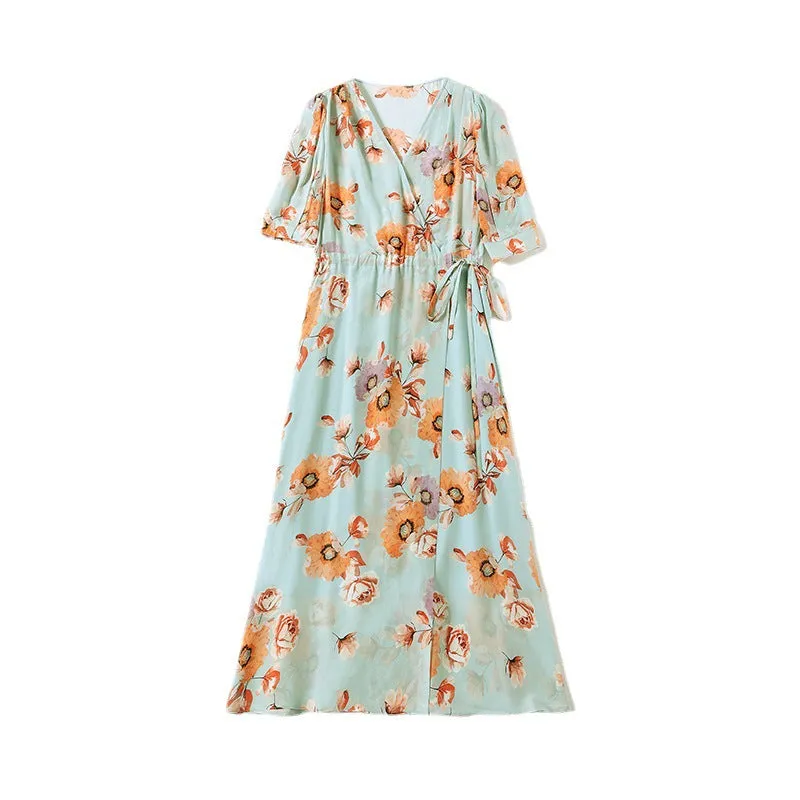 Silk V-Neck Midi Dress with Side Slit and Puff Sleeves