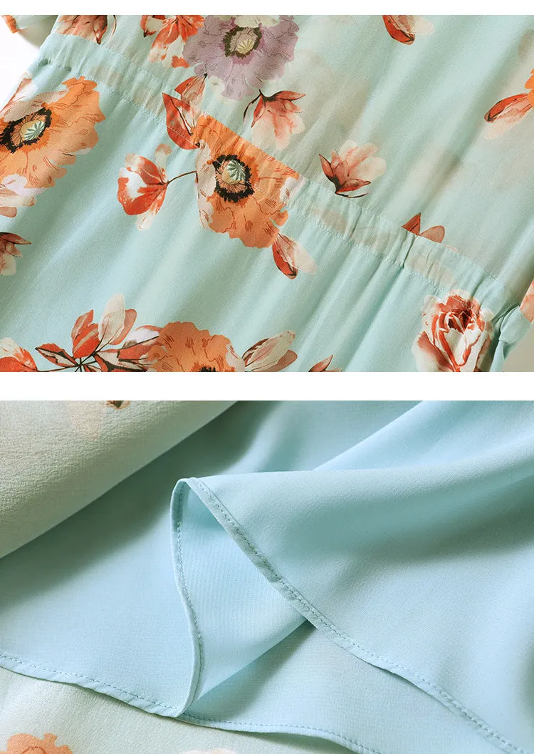 Silk V-Neck Midi Dress with Side Slit and Puff Sleeves