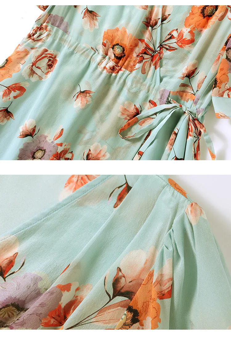 Silk V-Neck Midi Dress with Side Slit and Puff Sleeves