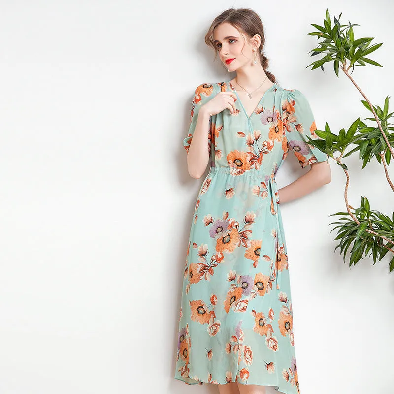 Silk V-Neck Midi Dress with Side Slit and Puff Sleeves