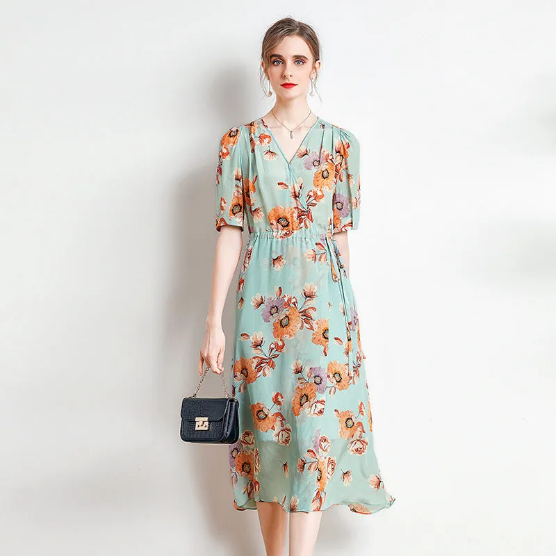 Silk V-Neck Midi Dress with Side Slit and Puff Sleeves