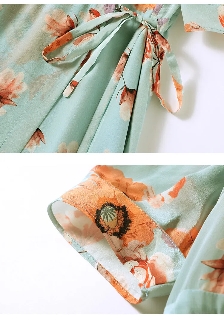 Silk V-Neck Midi Dress with Side Slit and Puff Sleeves
