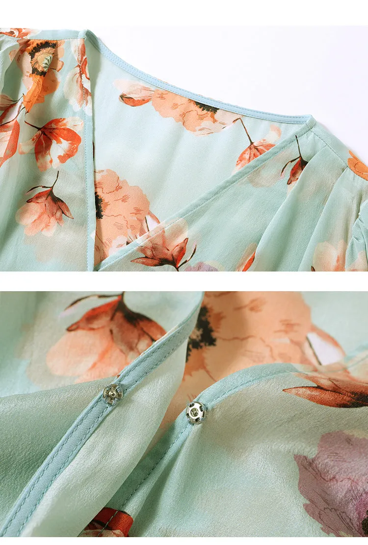 Silk V-Neck Midi Dress with Side Slit and Puff Sleeves