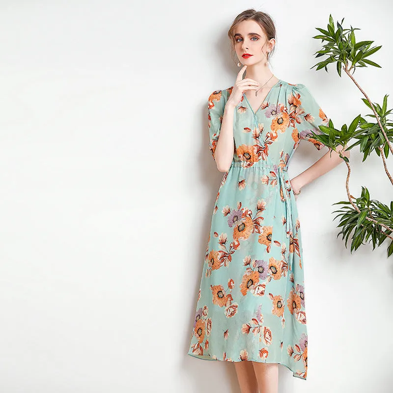 Silk V-Neck Midi Dress with Side Slit and Puff Sleeves