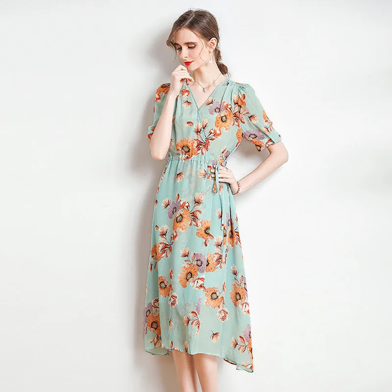 Silk V-Neck Midi Dress with Side Slit and Puff Sleeves