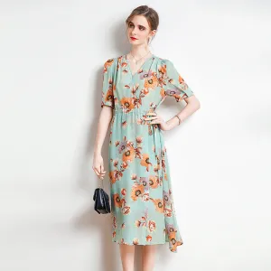 Silk V-Neck Midi Dress with Side Slit and Puff Sleeves
