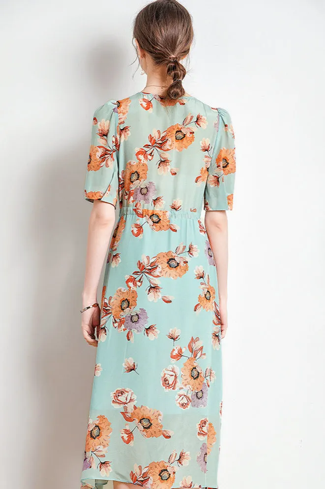 Silk V-Neck Midi Dress with Side Slit and Puff Sleeves