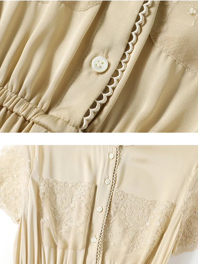 Silk Waist Lace Dress Stand Collar Short Sleeve Mid Length Dress