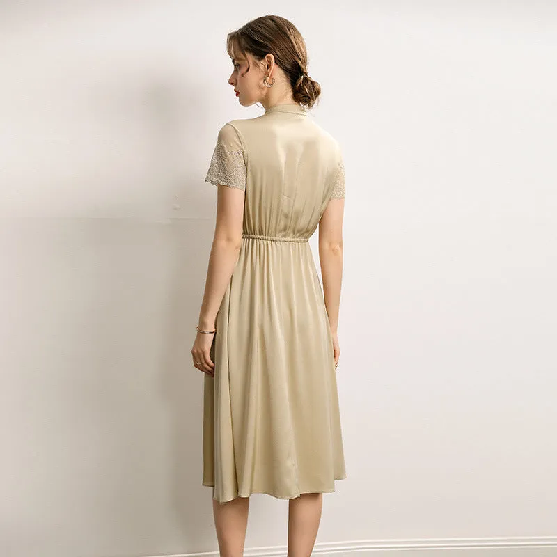 Silk Waist Lace Dress Stand Collar Short Sleeve Mid Length Dress