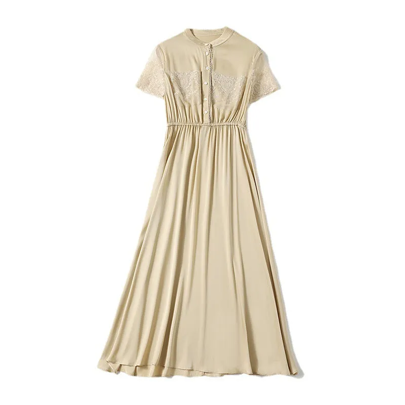 Silk Waist Lace Dress Stand Collar Short Sleeve Mid Length Dress